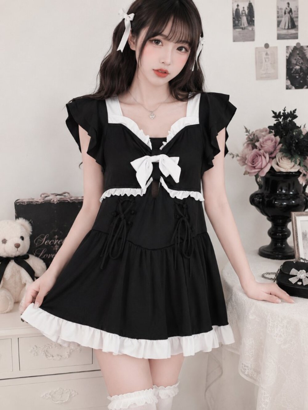 Jiexita Coquette Babydoll Mini Dress XS Black White Bow Ruffle Kawaii Maidcore